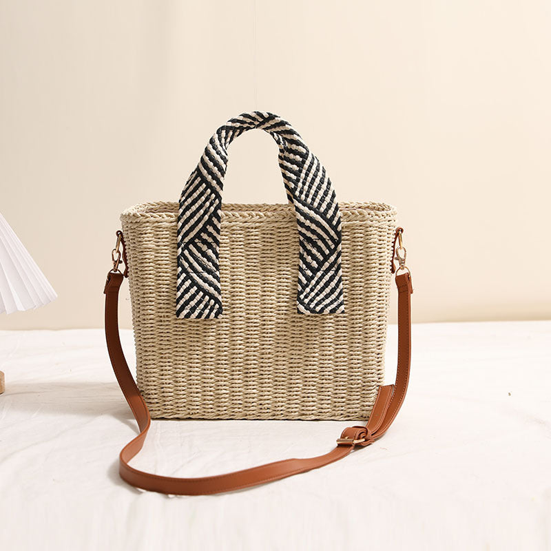 Handheld Straw Bag Square Solid Color Crossbody Woven Bag Vacation Beach Bag Large Capacity Rattan Weave Bag Bella Mia