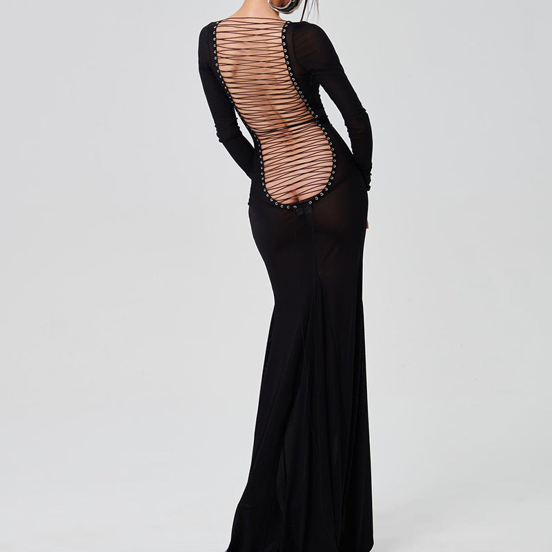 Autumn Women Clothing Sexy Mesh Backless Lace up Long Sleeve Super Maxi Dress for Women Bella Mia