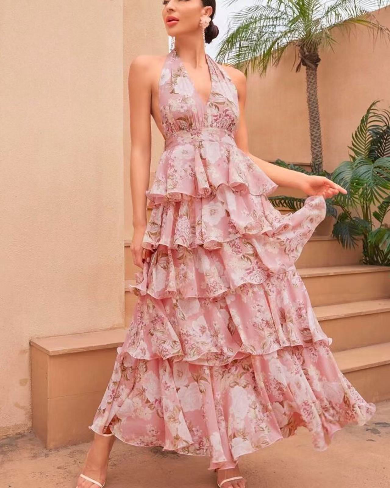 Spring Women Clothing Dress Sexy V neck Sling Multi Layer Printing Dress Bella Mia