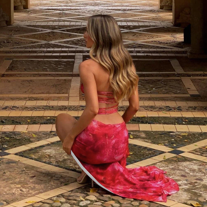Spring Women Clothing Sexy Printed Halter Cut out Bandage High Slit Backless Dress Bella Mia