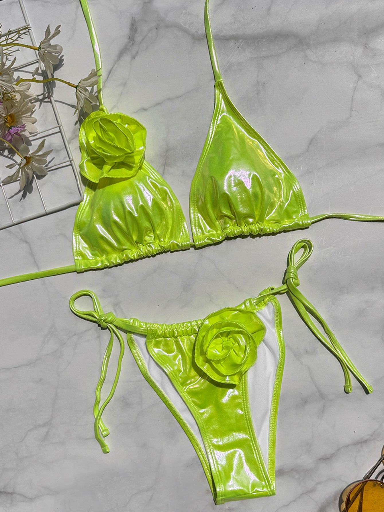 Bronzed Fabric Split Bikini Three Dimensional Floral Sexy Hanging Triangle Bag Swimsuit Bella Mia
