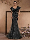 Elegant Ruffle Sleeve Sequin Elegant Cocktail Party Dinner Dress Backless Luxury Fishtail Graduation Evening Bella Mia