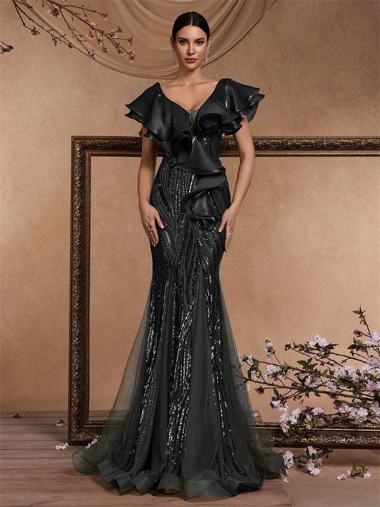 Elegant Ruffle Sleeve Sequin Elegant Cocktail Party Dinner Dress Backless Luxury Fishtail Graduation Evening Bella Mia
