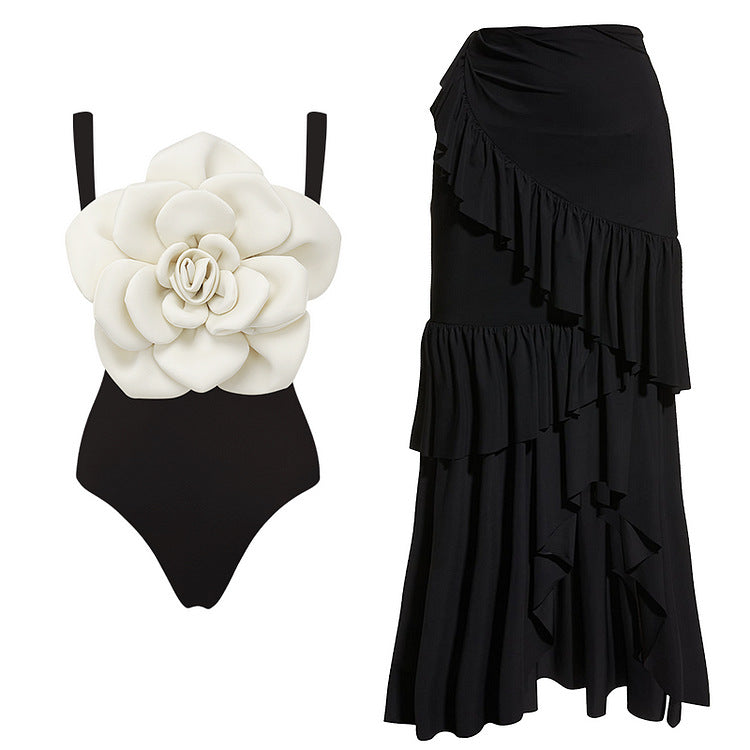 Black White Three Dimensional Big Floral One Piece Swimsuit Women Beach Vacation Suit Skirt Bella Mia