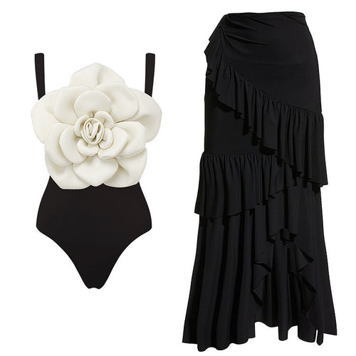 Black White Three Dimensional Big Floral One Piece Swimsuit Women Beach Vacation Suit Skirt Bella Mia