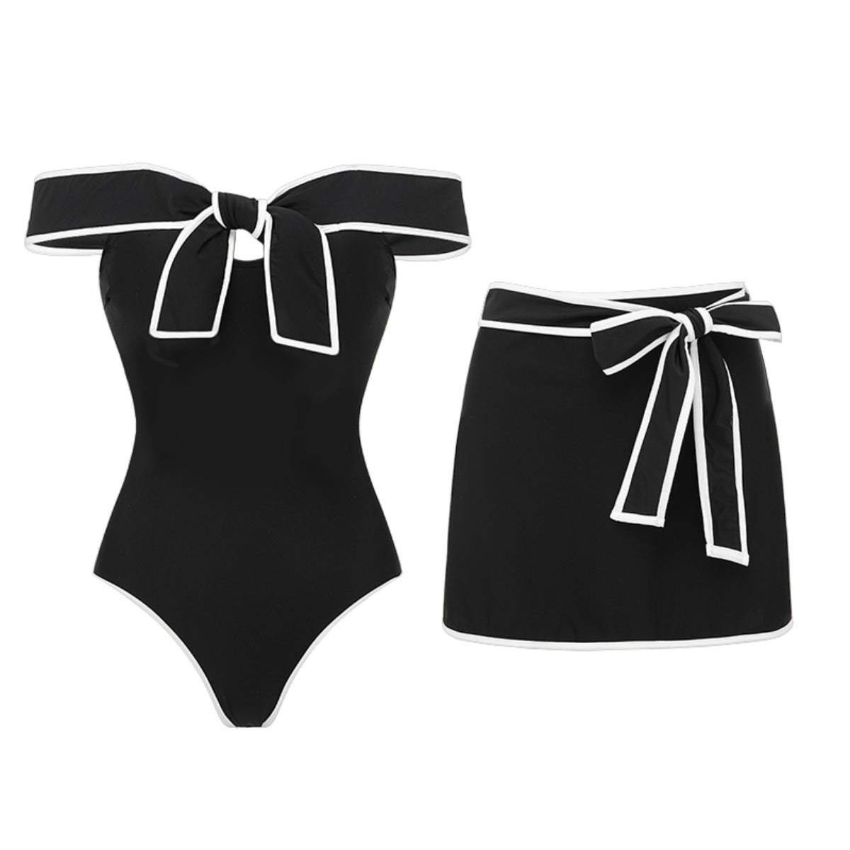 Swimsuit Black White Color Matching Sweet Girl Bow Swimsuit Women White Skirt Bella Mia