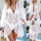 Women Clothing Irregular Asymmetric Cardigan Sexy See through Lace Shirt Lace up Beach Sun Protection Coat Bella Mia