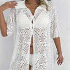 Women Polo Collar Cardigan Women Clothing Sexy Cutout Woven Beach Beach Cover Up Loose Short Sleeve Overskirt Bella Mia