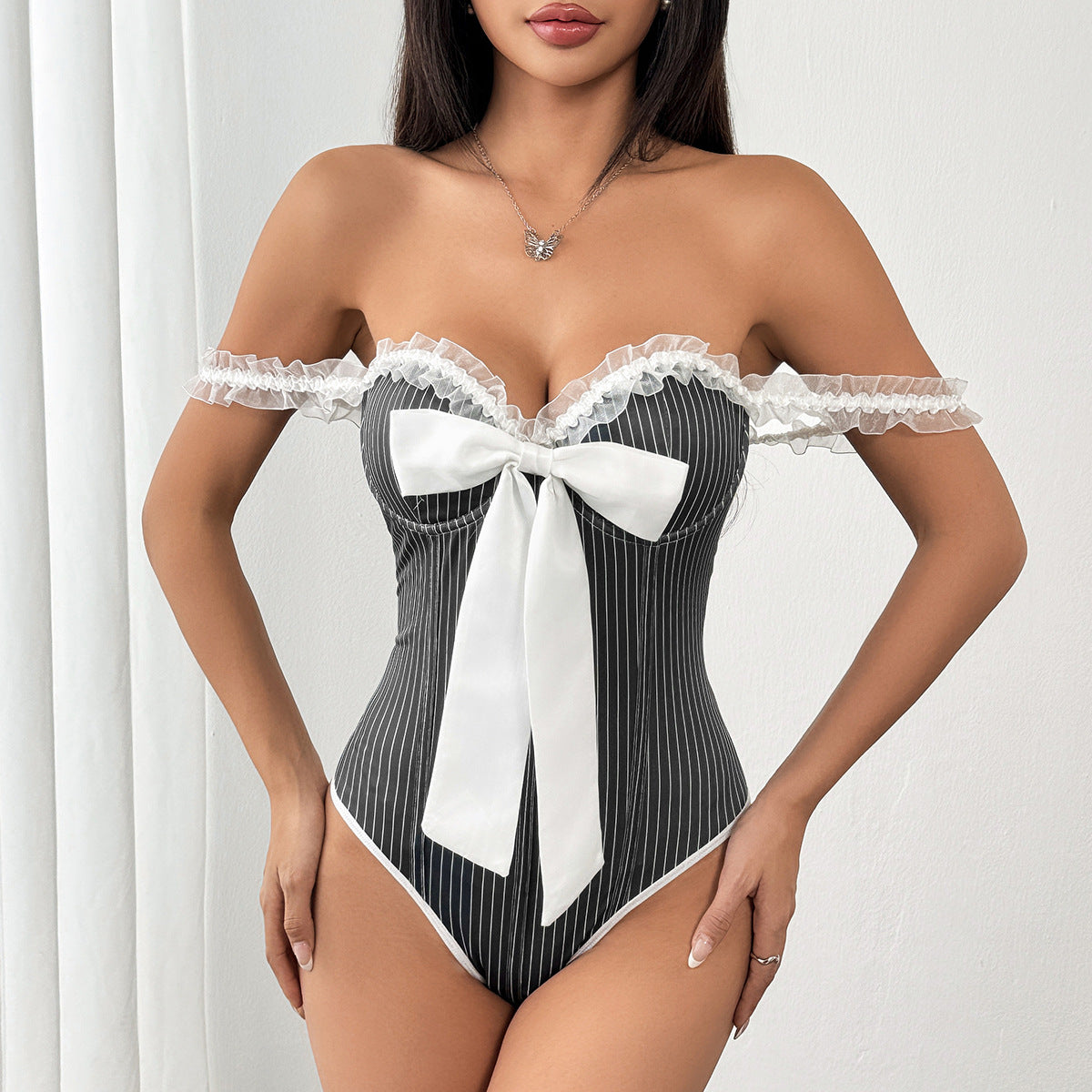 Women Striped Bow Suspenders Stitching Lace Slim Jumpsuit Women Clothing Bella Mia