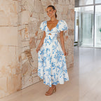Spring Women Fashionable Elegant Puff Sleeve V neck Hollow Out Cutout out Printed Dress for Women Bella Mia