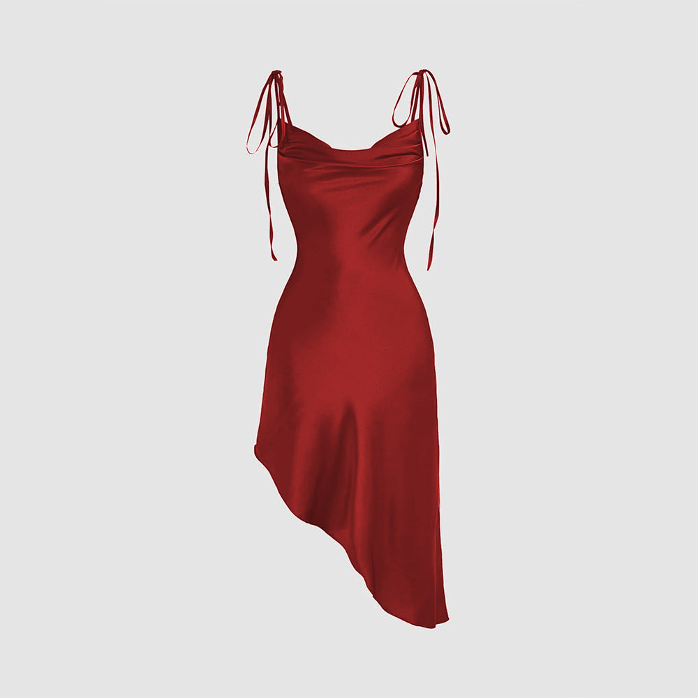 Popular Satin Sling Swing Collar Waist Tight Flab Hiding Design Irregular Asymmetric Hem Dress Bella Mia
