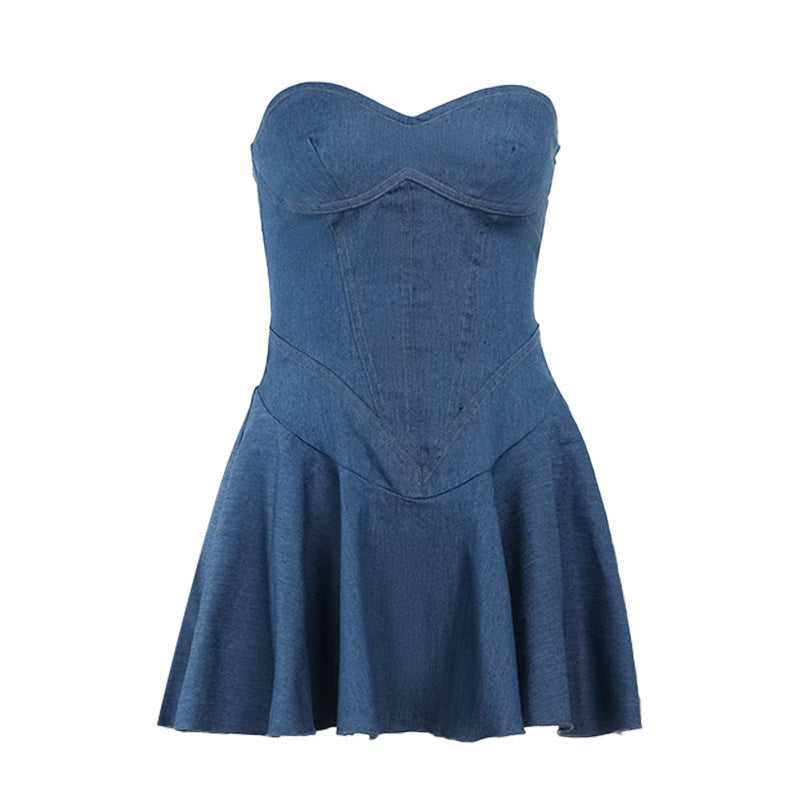 Summer Sheath A Line Sexy Tube Top Imitation Denim Dress Women Bella Mia