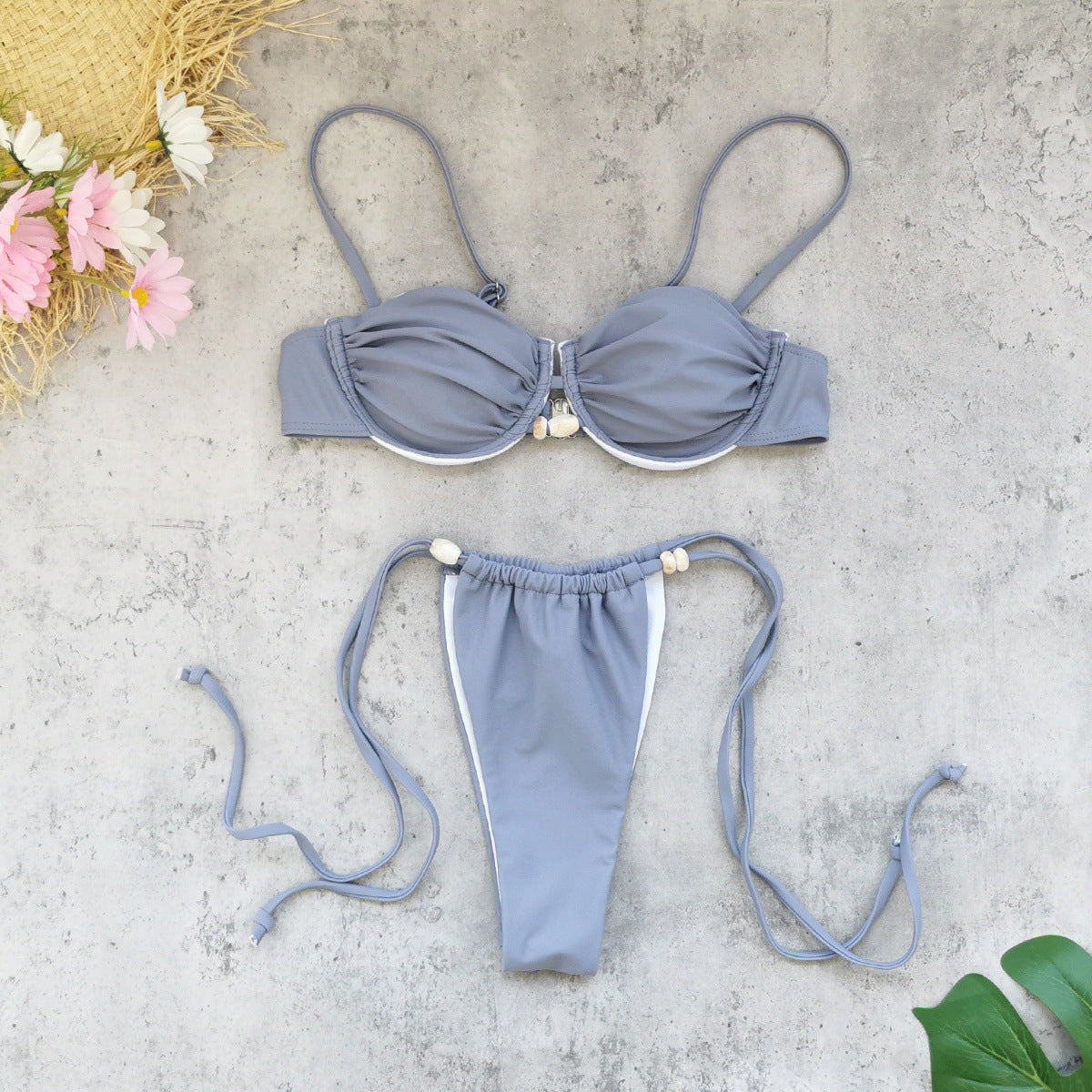 Solid Color Low Waist Lace up Sexy Backless Three Point Bikini Underwire Split Swimsuit for Women Bella Mia