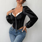Women Clothing See through Mesh Patchwork Lace Chest Cotton Sexy Boning Corset High Grade Long Sleeved Top Bella Mia