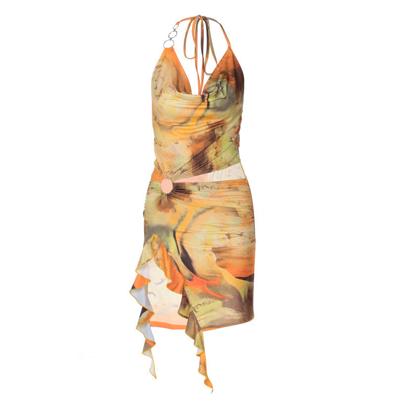 Women Clothing Summer Printing Sexy Backless Lace up Dress Bella Mia