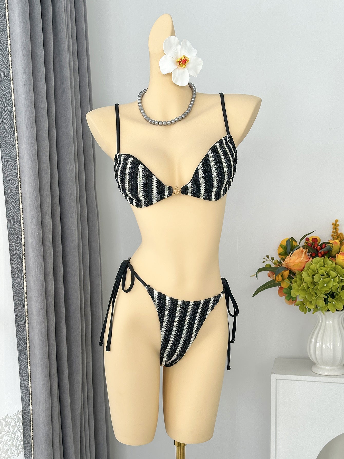 Sexy Striped Halter Lace up Beach Vacation Tube Top Bikini Split Swimsuit Bikin Bella Mia