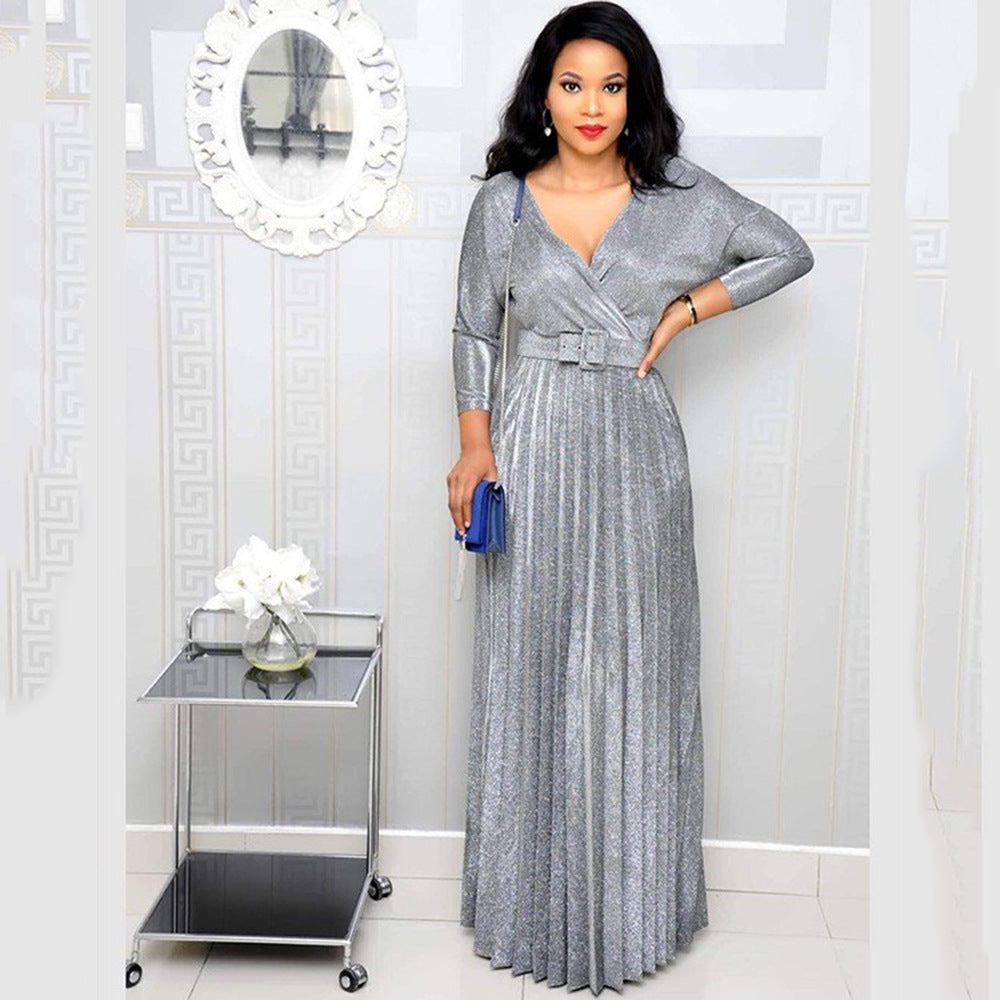 Winter African Women Wear Long Sleeve Bronzing Pleated Swing Dress with Belt Glittering Powder Fabric Bella Mia