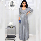 Winter African Women Wear Long Sleeve Bronzing Pleated Swing Dress with Belt Glittering Powder Fabric Bella Mia