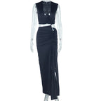Women Clothing Solid Color Dress Oblique V neck off Shoulder Sleeveless Irregular Asymmetric Slit Bella Mia