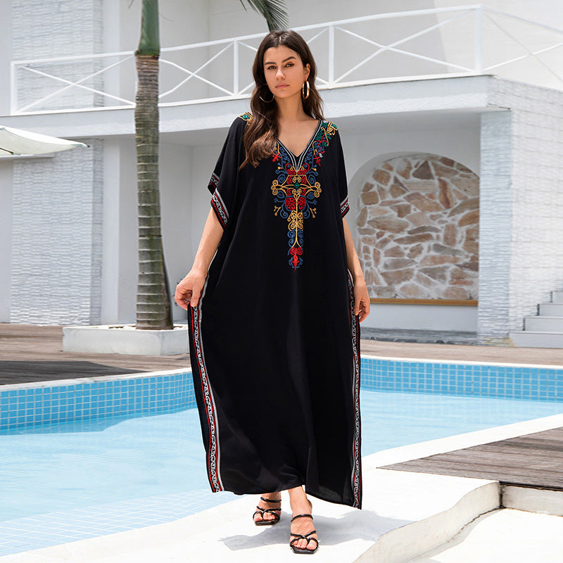 Rayon Embroidery Vacation Loose Maxi Dress Embroidery Even Bathrobe Beach Cover up Bikini Cover up Bella Mia