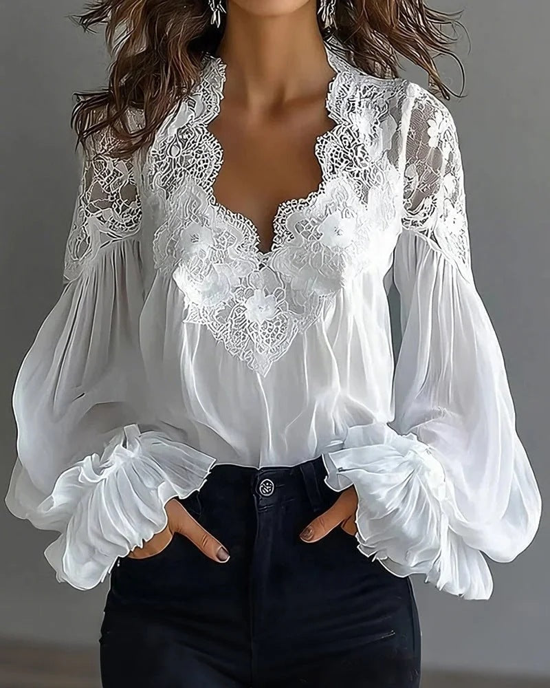 Women Lace Stitching Puff Sleeve Pleated Shirt Bella Mia