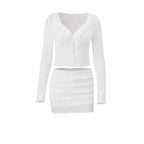 Women Clothing Fall V neck Low Cut Ruffled Hooks Cardigan Top Sheath Skirt Set Bella Mia