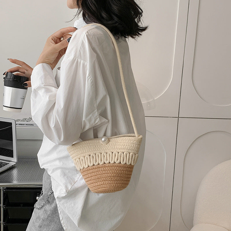 Crossbody Straw Bag Cotton Thread Woven Bag Mobile Phone Change Key Case Hollow Out Cutout Cotton Thread Woven Bag Casual Cute Women Bella Mia