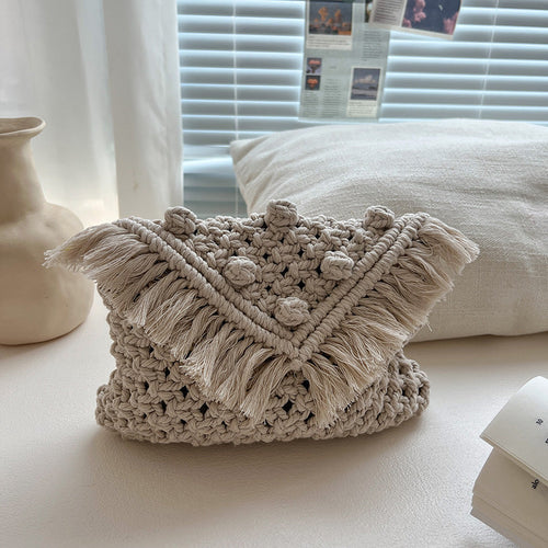Beanie Crossbody Cotton Thread Woven Bag Women Tassel Bag Cover Shoulder Straw Bag Vacation Beach Bag Bella Mia