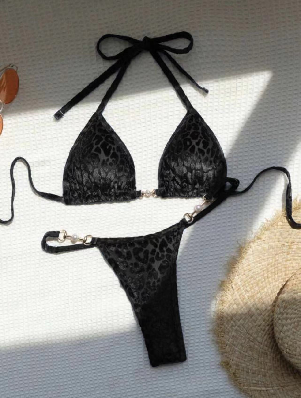 Sexy T Shaped Pearl Leopard Special Fabric Swimwear Swimsuit Bikini Bella Mia