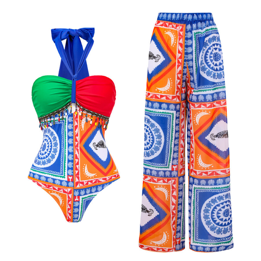 Sexy One Piece Swimsuit Women Conservative Cover Belly Lace up Swimsuit Spring Chiffon Beach Skirt Set Bella Mia