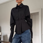 Court White Cotton Shirt Women Light Luxury Pleat Waisted Slim-Fit Long-Sleeved Collared Shirt Bella Mia