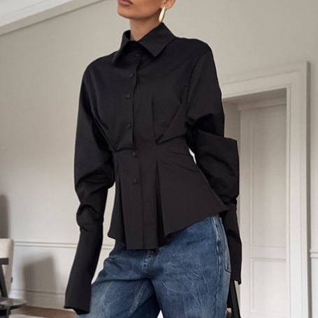 Court White Cotton Shirt Women Light Luxury Pleat Waisted Slim-Fit Long-Sleeved Collared Shirt Bella Mia