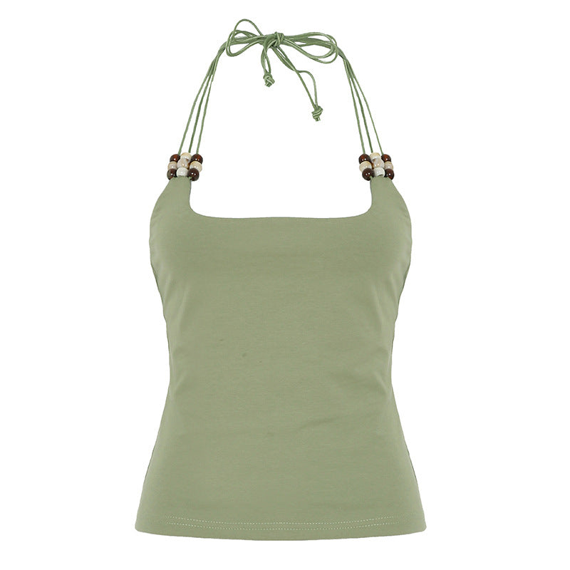Summer Beaded Halter Lace up Vest Sexy Backless Solid Color Sports Casual Top