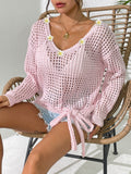 Women V neck Pullover Top Cutout Blouse Lace up Bow Outerwear Shirt Crochet Stitching Loose Sweater Women Bella Mia