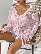 Women V neck Pullover Top Cutout Blouse Lace up Bow Outerwear Shirt Crochet Stitching Loose Sweater Women Bella Mia