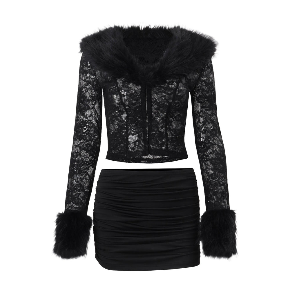 Women Clothing Autumn Winter Street Lace Plush Long Sleeved Top Sexy Skirt Set Bella Mia