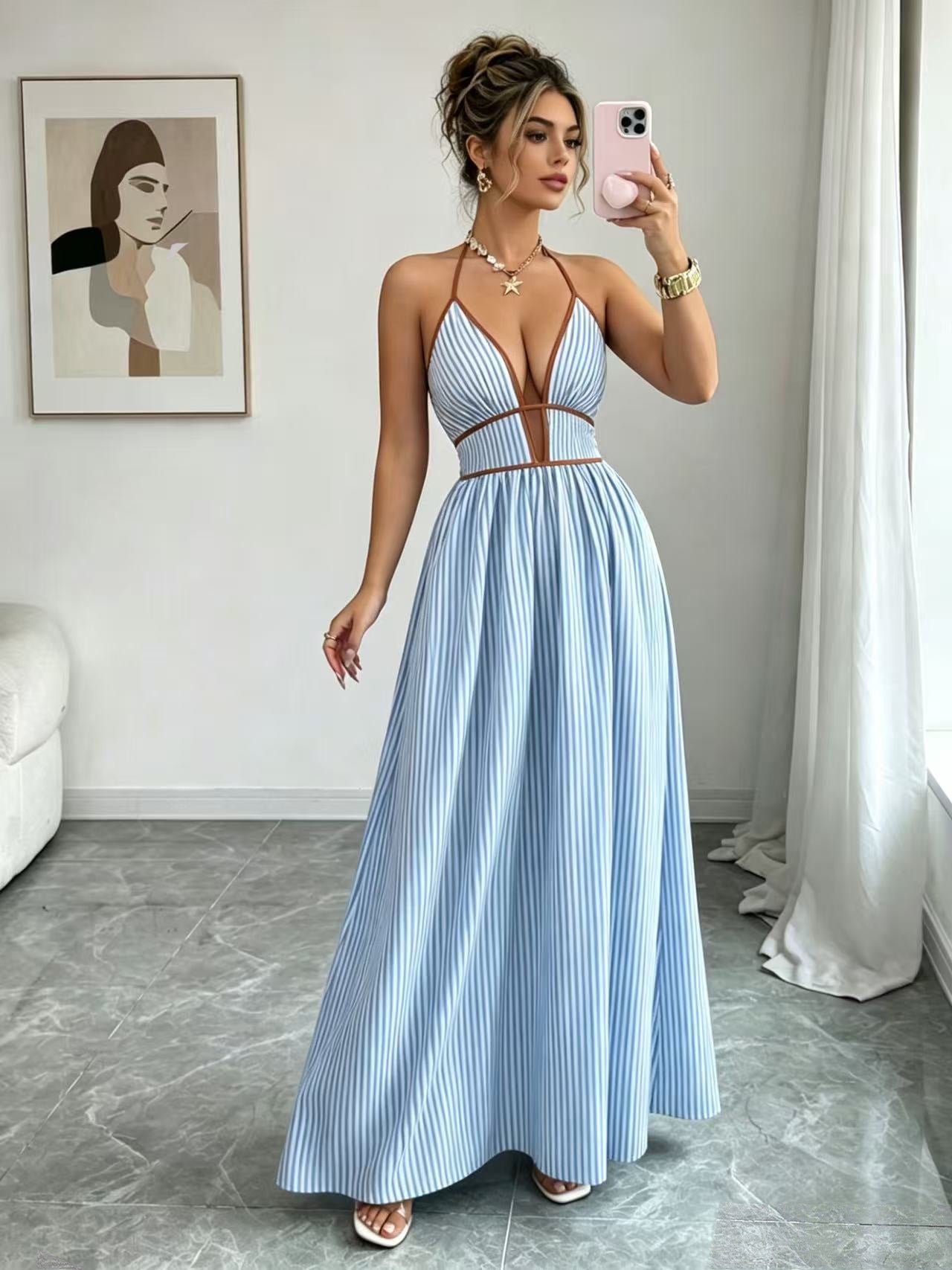 Casual Sleeveless Halter Fitted Waist Striped Color Matching Long Maxi Dress Bella Mia