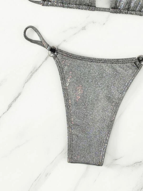 Sexy Three Piece Bikini Silver Thin Glittering Special Fabric Lace up Women Swimsuit Bella Mia