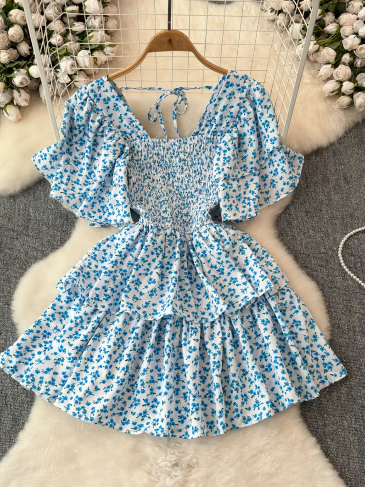 Design Summer Ruffle Sleeve Retro Pleated Floral Skirt