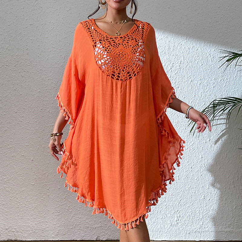 Slubbed Fabric Stitching Hand Crocheting Beach Cover-up Sexy Loose Vacation Sun Protection Shirt Beach Cover Up Bella Mia