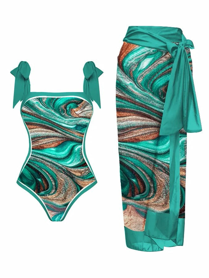 Swimwear Multi Color Printed Chiffon Dress One Piece Sunscreen Swimsuit Bella Mia