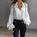 Women Lace Stitching Puff Sleeve Pleated Shirt Bella Mia