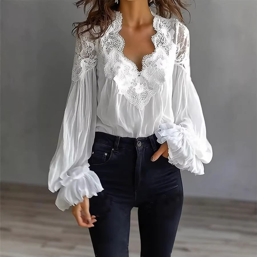 Women Lace Stitching Puff Sleeve Pleated Shirt Bella Mia