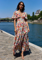 Autumn Floral V neck Flared Sleeves French Dress Maxi Dress Bella Mia