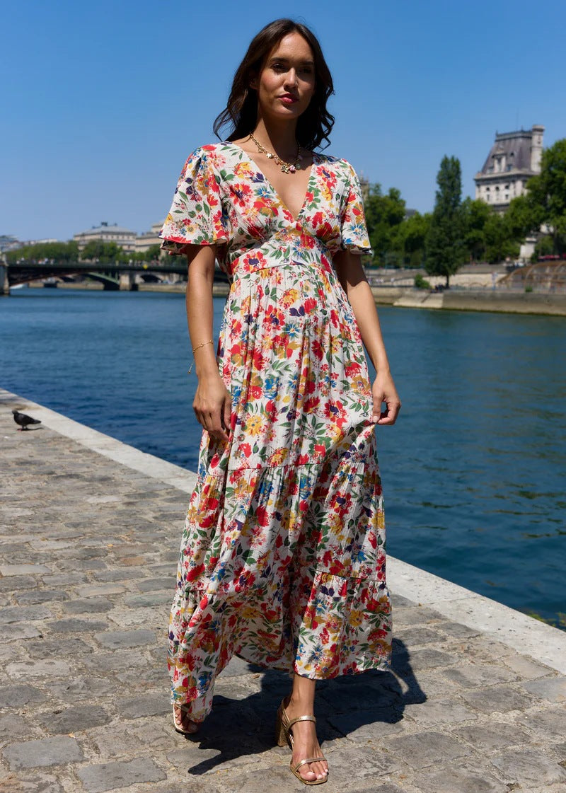 Autumn Floral V neck Flared Sleeves French Dress Maxi Dress Bella Mia