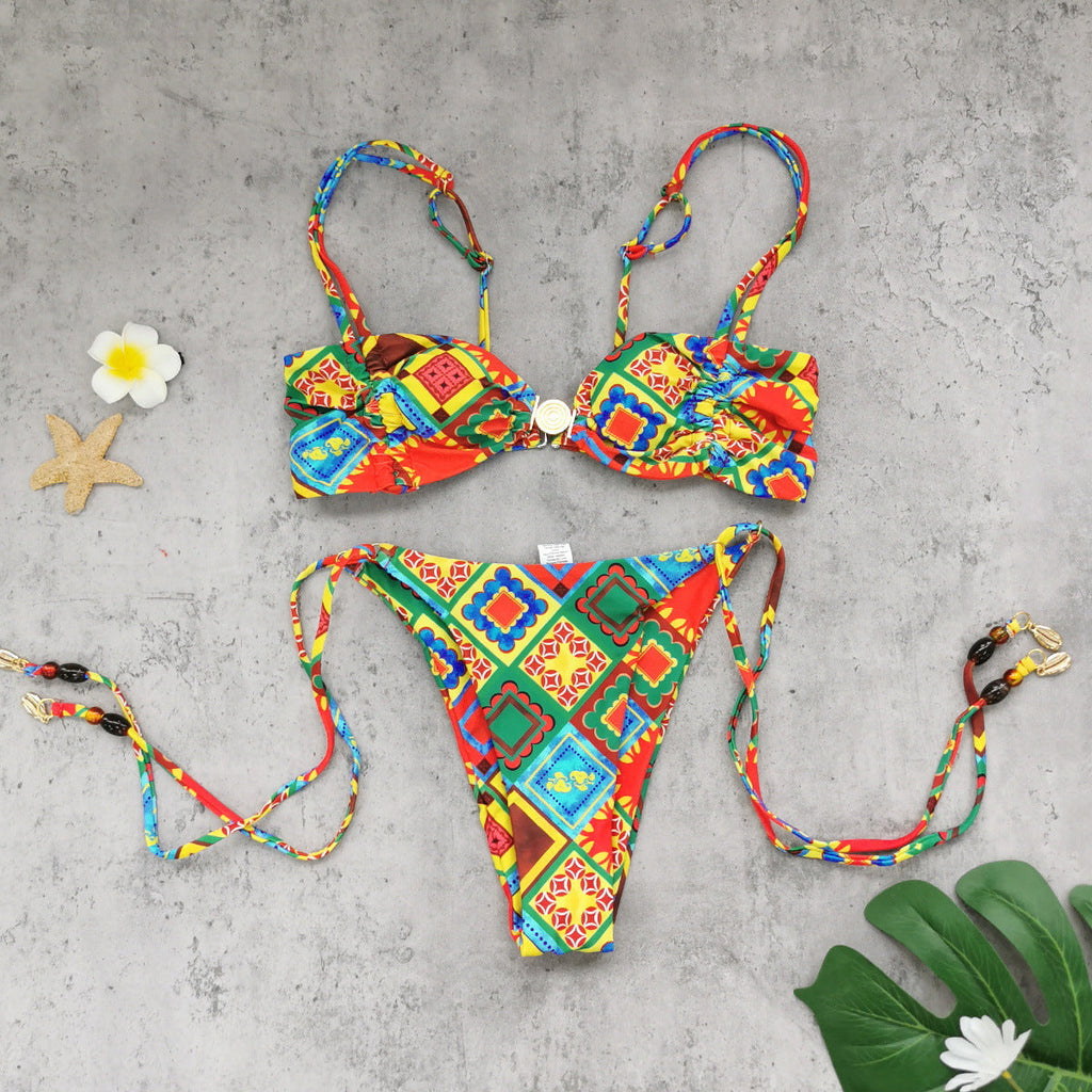 Tube Top Low Waist Three Point Bikini Sexy Backless Lace up Printed Split Swimsuit Women Bikini Bella Mia