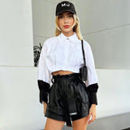 Women Clothing Autumn Polo Collar Stitching Contrast Color Long Sleeves cropped Cardigan Shirt Bella Mia