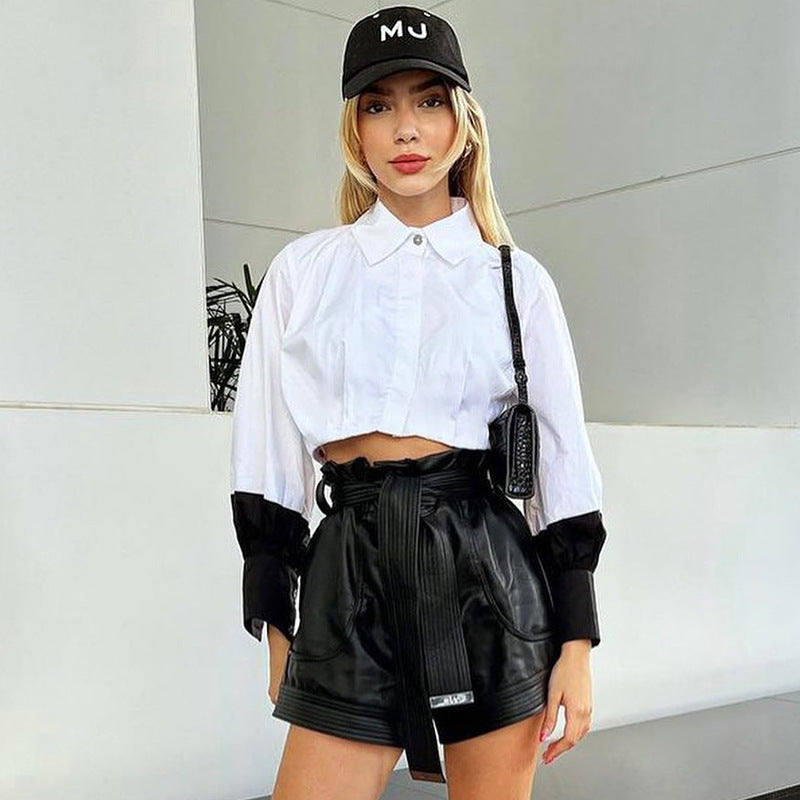 Women Clothing Autumn Polo Collar Stitching Contrast Color Long Sleeves cropped Cardigan Shirt Bella Mia