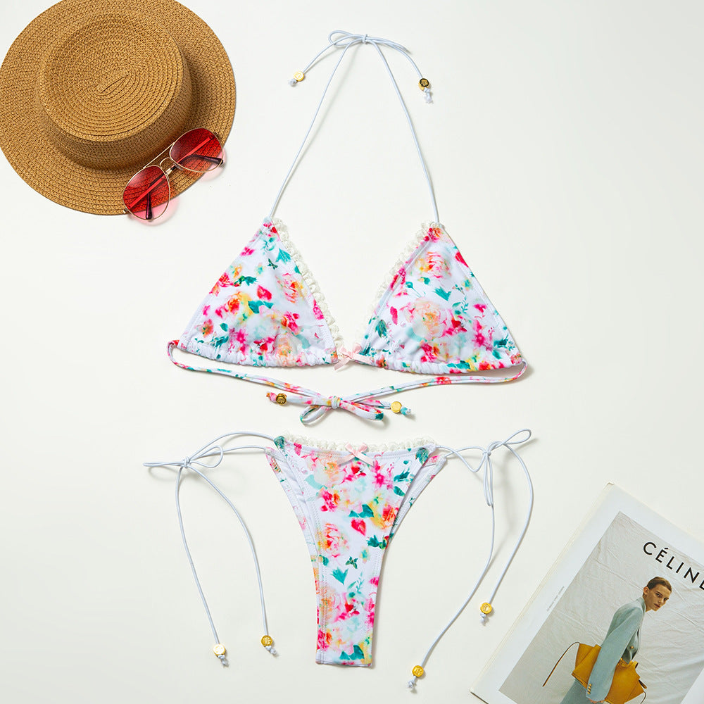 Floral Lace up Split Swimsuit Women Lace Bow High Elastic Bikini Bella Mia