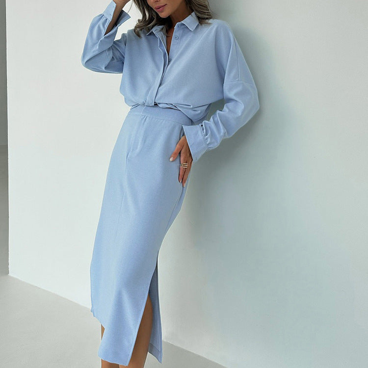 Women Cotton Split Skirt Office Collared Long Sleeve Cardigan Top Two Piece Set Bella Mia